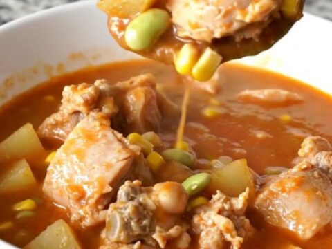 A bowl of hearty Kentucky chicken burgoo with visible chunks of chicken, potatoes, and corn in a rich tomato sauce.