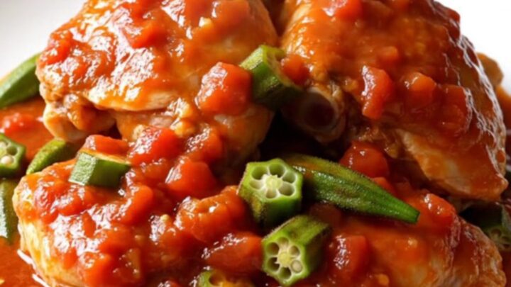A close-up of tender chicken thighs and sliced okra in a rich, thick red tomato sauce inside a white slow cooker.