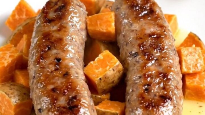 A close-up of slow-cooked Italian sausage links and tender sweet potato cubes in a savory sage-infused broth.