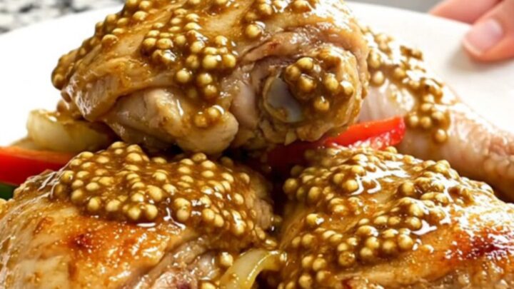 A top-down view of tender, braised chicken thighs coated in a rich, grainy Creole mustard sauce with colorful bell peppers.