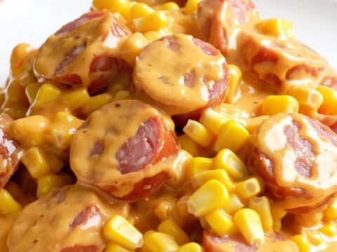 A slow cooker filled with creamy street corn and smoked sausage coins.
