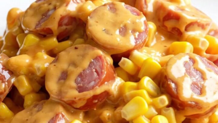 A slow cooker filled with creamy street corn and smoked sausage coins.