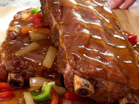 A close-up view of tender, slow-cooked boneless country-style ribs glazed in a rich, shiny Cajun honey sauce.