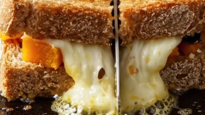 A close-up of a crispy sourdough melt cut in half, showing roasted butternut squash and melted Fontina cheese inside.