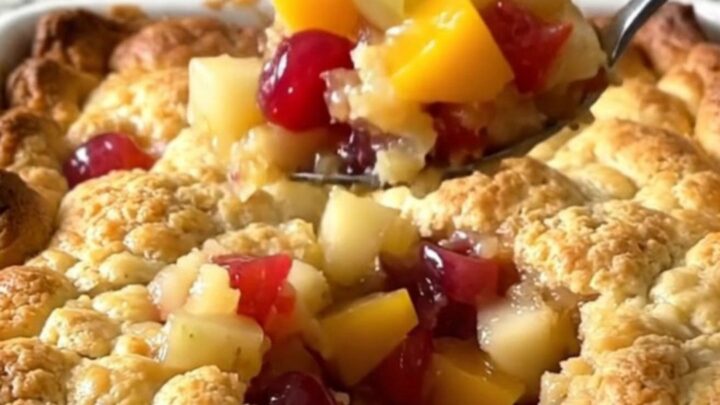 A warm, golden-brown vintage fruit cocktail cobbler in a white ceramic dish on a speckled granite countertop.