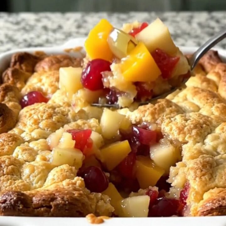 A warm, golden-brown vintage fruit cocktail cobbler in a white ceramic dish on a speckled granite countertop.