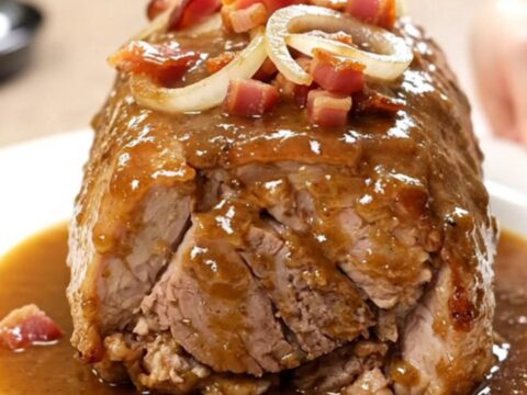 Slow cooker pork loin topped with bacon and onions, served on a white plate.