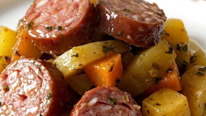 A top-down view of a slow cooker filled with sliced smoked sausage and colorful root vegetables.