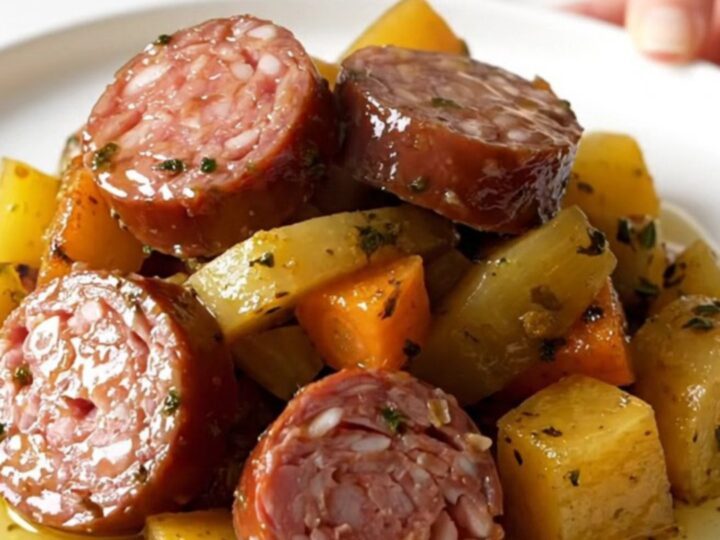 A top-down view of a slow cooker filled with sliced smoked sausage and colorful root vegetables.