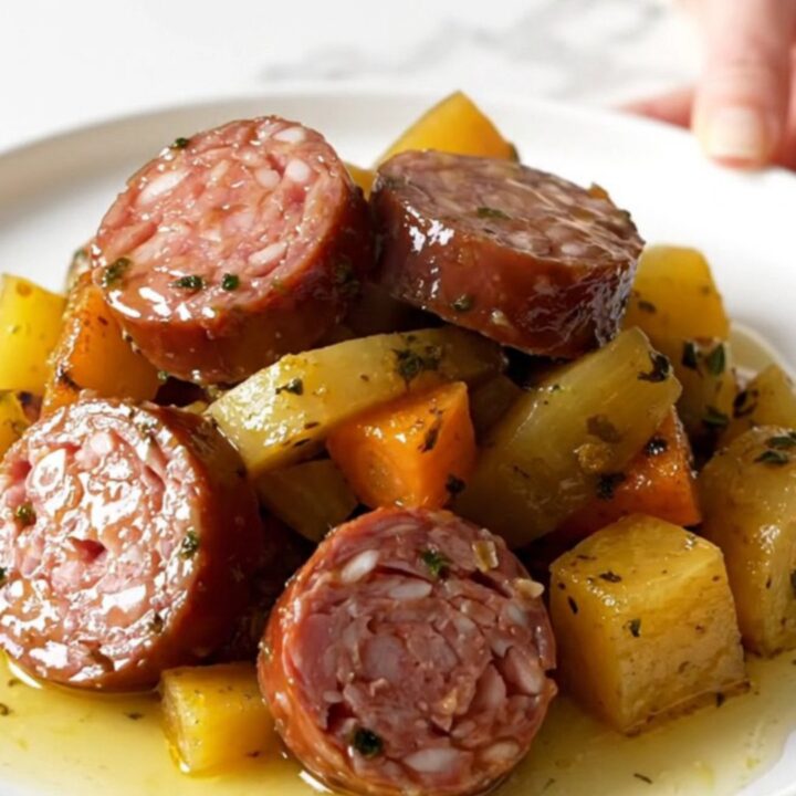 A top-down view of a slow cooker filled with sliced smoked sausage and colorful root vegetables.