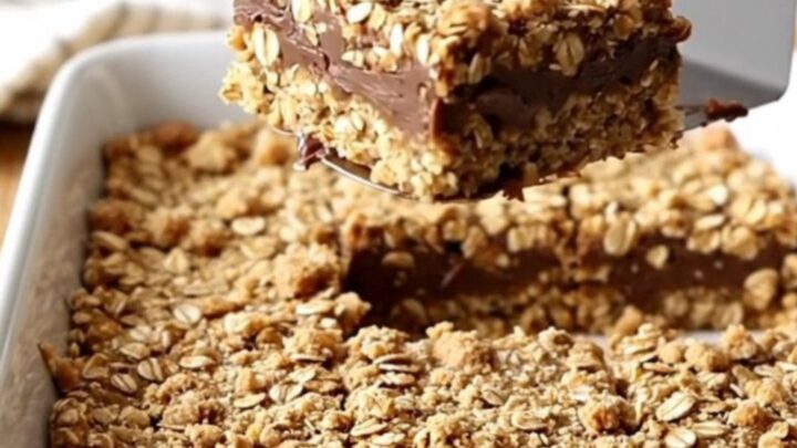 A top-down view of oatmeal fudge revel bars in a white ceramic baking dish on a butcher-block counter.