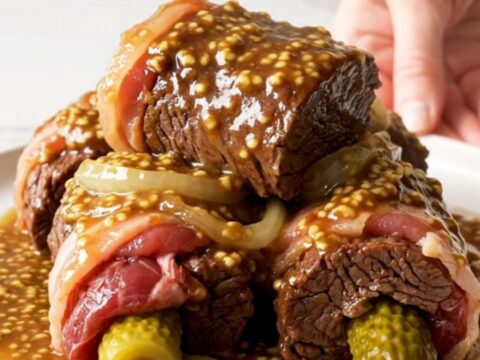 A top-down view of six raw beef rouladen rolls stuffed with bacon and pickles inside a black slow cooker.