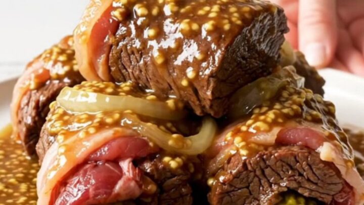 A top-down view of six raw beef rouladen rolls stuffed with bacon and pickles inside a black slow cooker.