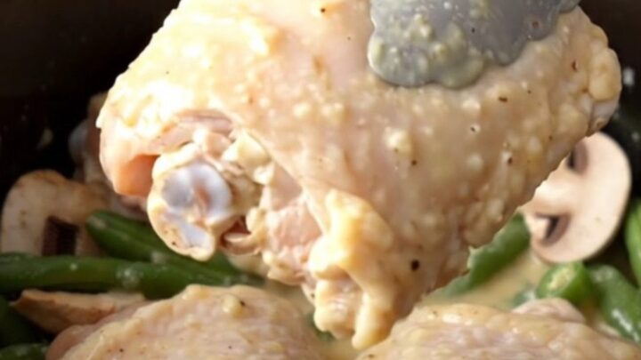 A close-up of creamy ranch mushroom chicken thighs with green beans in a black slow cooker insert.