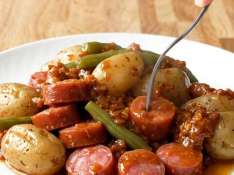 A rustic slow cooker filled with andouille sausage coins, baby potatoes, and vibrant green beans in a Cajun butter sauce.