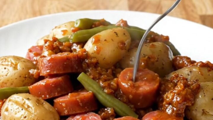 A rustic slow cooker filled with andouille sausage coins, baby potatoes, and vibrant green beans in a Cajun butter sauce.