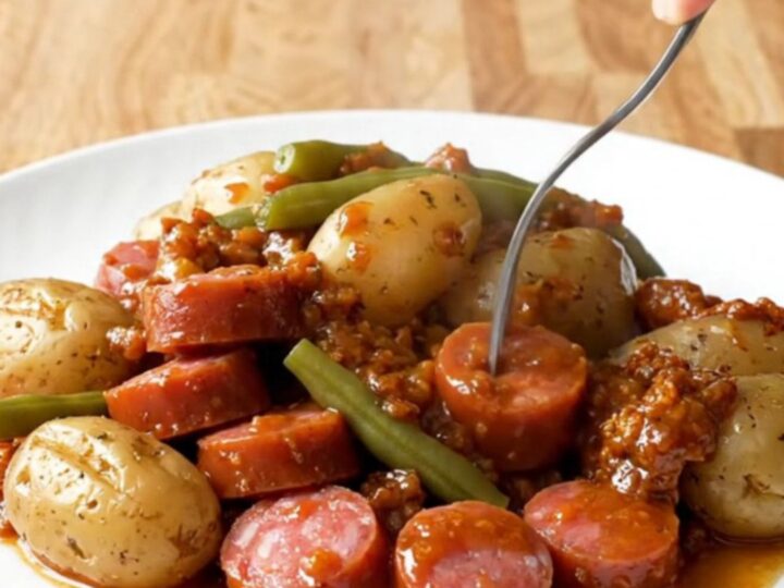 A rustic slow cooker filled with andouille sausage coins, baby potatoes, and vibrant green beans in a Cajun butter sauce.