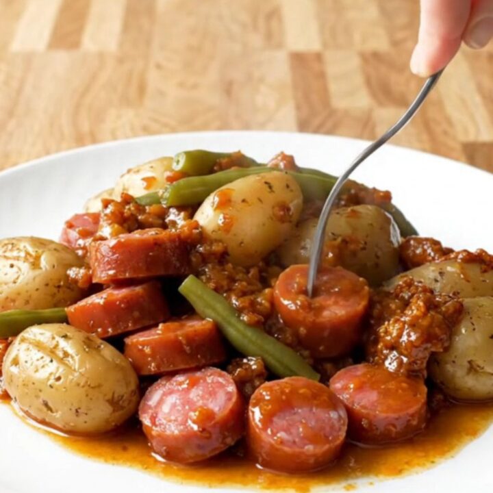 A rustic slow cooker filled with andouille sausage coins, baby potatoes, and vibrant green beans in a Cajun butter sauce.