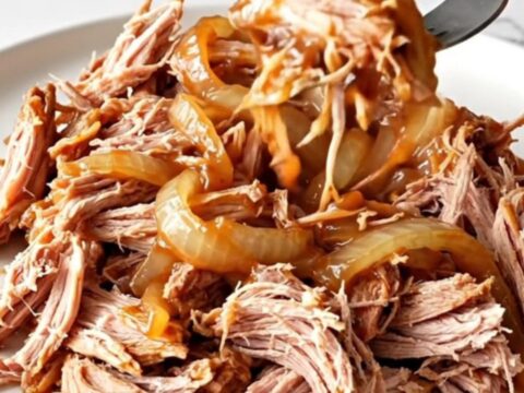 A close-up of tender, shredded pulled pork in a rich barbecue sauce, served on a white plate.