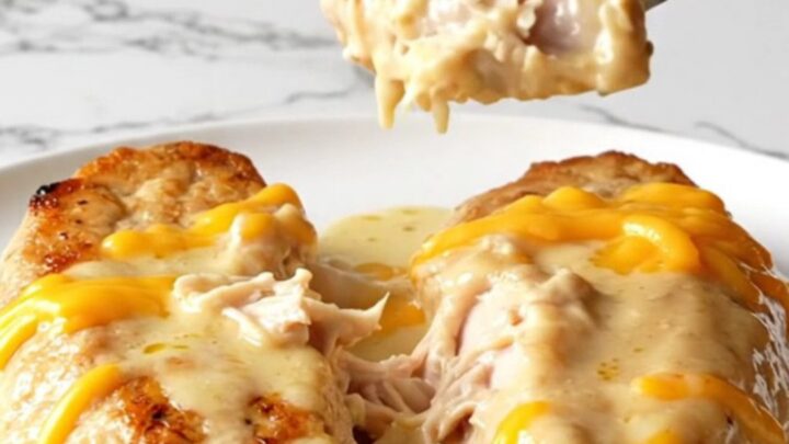 Creamy garlic butter cheddar chicken served on a plain white plate, showing melted cheese and tender white meat.
