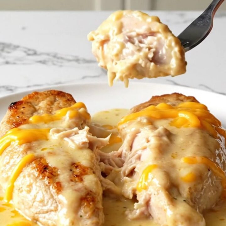 Creamy garlic butter cheddar chicken served on a plain white plate, showing melted cheese and tender white meat.