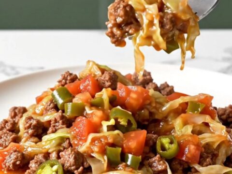 A top-down view of a slow cooker filled with raw ground beef, chopped cabbage, onions, and tomatoes.