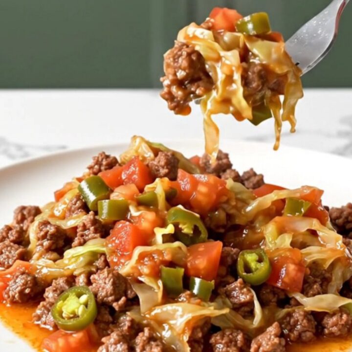 A top-down view of a slow cooker filled with raw ground beef, chopped cabbage, onions, and tomatoes.