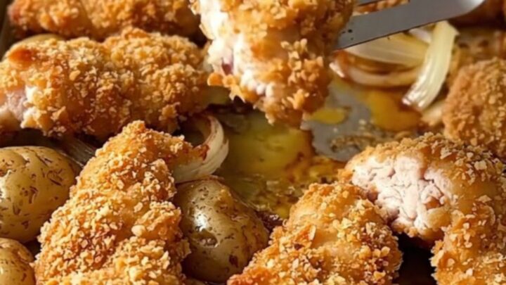 A sheet pan filled with golden pretzel-crusted chicken tenders, roasted baby potatoes, and soft onion wedges.