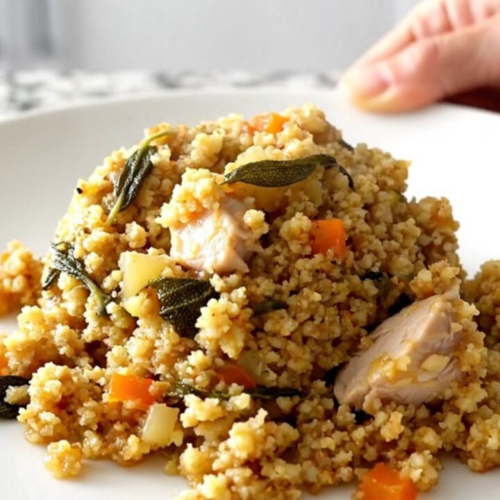 A close-up of a serving of slow cooker chicken and cornbread dressing on a white plate with visible steam.