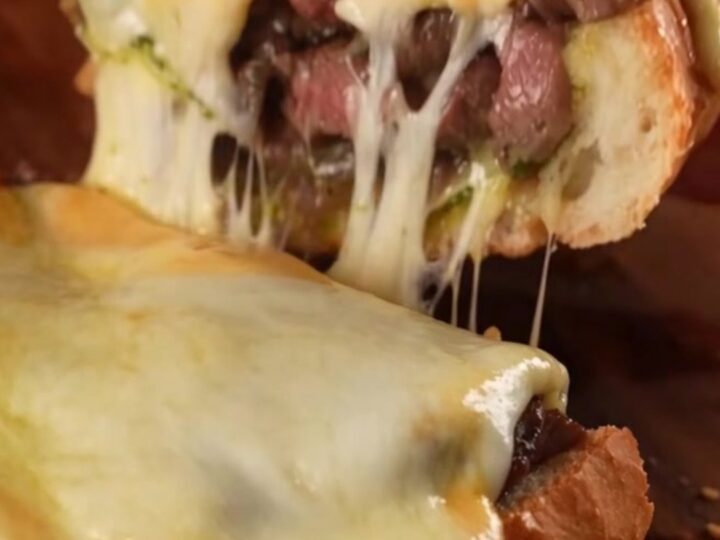 A crispy golden-brown French bread loaf stuffed with Philly cheesesteak filling and melted cheese.