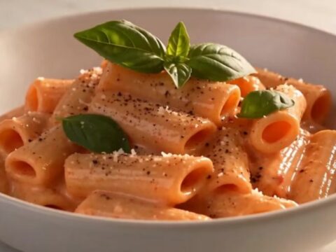 A close-up of a bowl filled with spicy vodka rigatoni, garnished with fresh basil and black pepper.