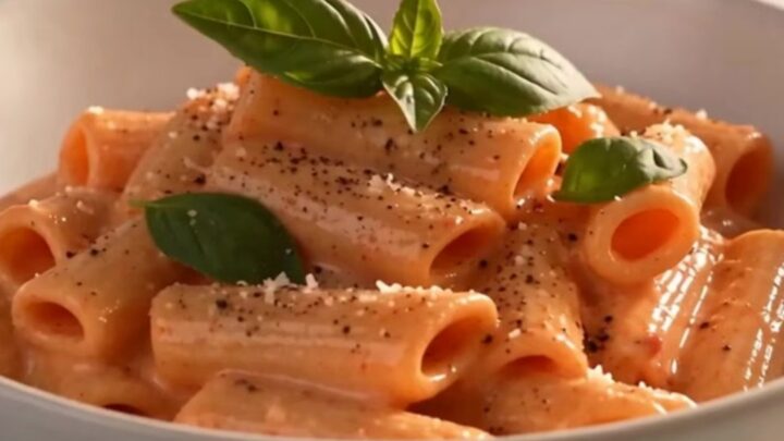 A close-up of a bowl filled with spicy vodka rigatoni, garnished with fresh basil and black pepper.