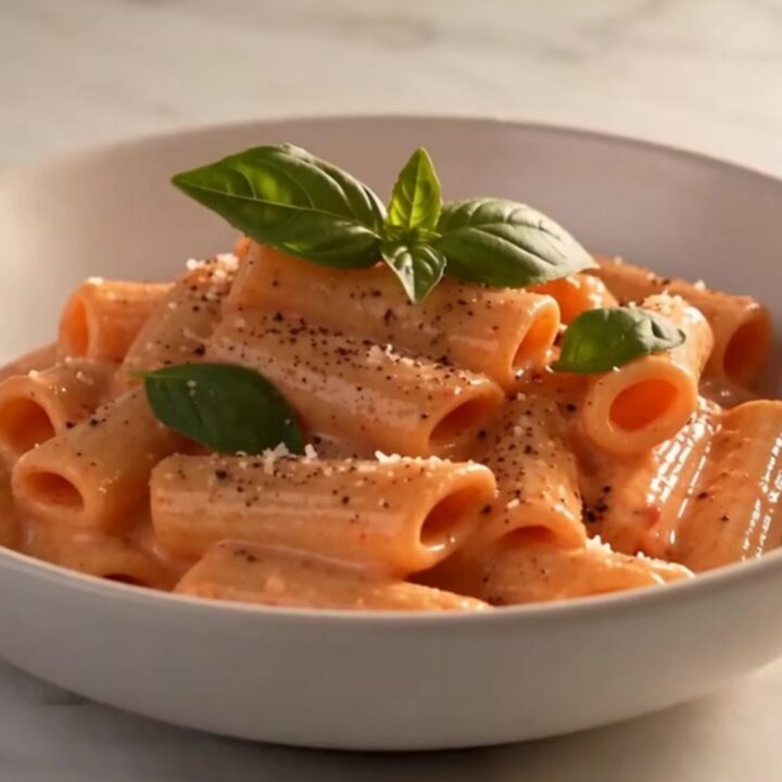 A close-up of a bowl filled with spicy vodka rigatoni, garnished with fresh basil and black pepper.