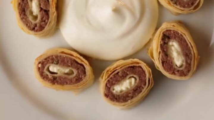 A vibrant plate of Turkish Beyti Sarma kebabs arranged in a circle with garlic yogurt and red tomato butter sauce.
