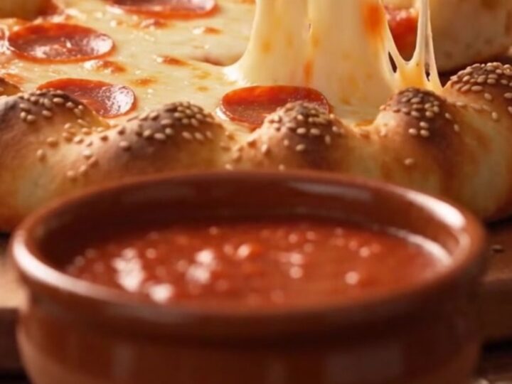 A golden-brown braided crown pizza with pepperoni and melted cheese, featuring a central bowl of marinara sauce.