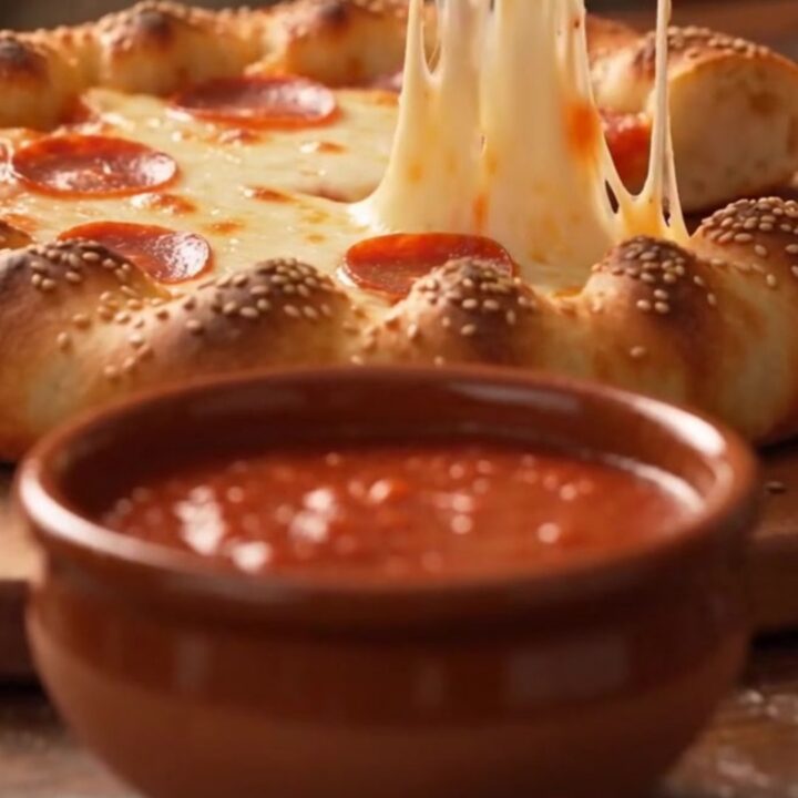 A golden-brown braided crown pizza with pepperoni and melted cheese, featuring a central bowl of marinara sauce.