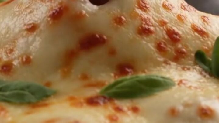 A close-up shot of a large metal spoon scooping out cheesy, meatball-stuffed jumbo pasta shells from a skillet.