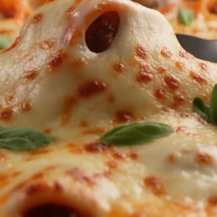 A close-up shot of a large metal spoon scooping out cheesy, meatball-stuffed jumbo pasta shells from a skillet.