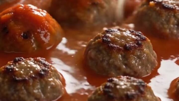 A close-up of a skillet filled with baked rigatoni, meatballs, and melted, stretchy mozzarella cheese.