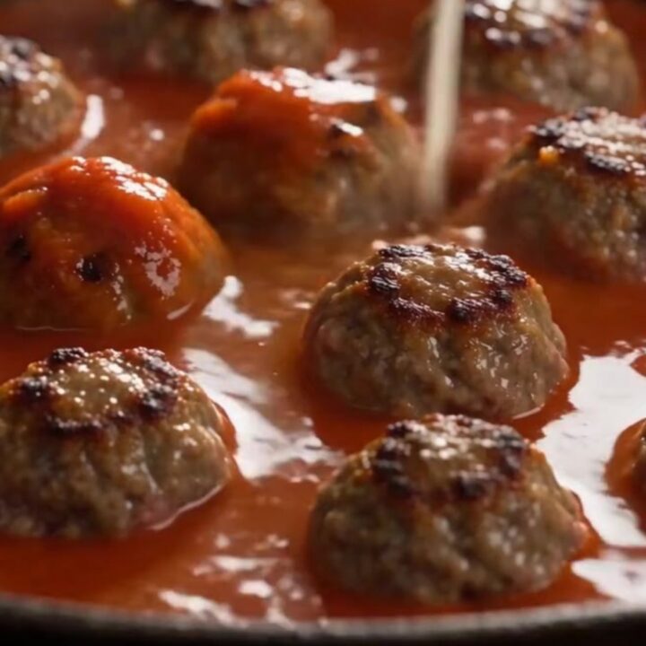 A close-up of a skillet filled with baked rigatoni, meatballs, and melted, stretchy mozzarella cheese.