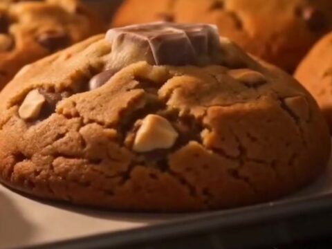 A colossal Kinder Bueno stuffed cookie broken in half, revealing a molten hazelnut cream center and crispy wafer layers.