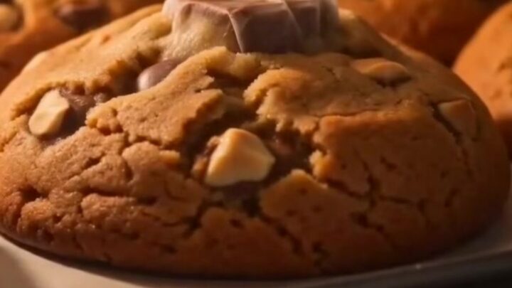 A colossal Kinder Bueno stuffed cookie broken in half, revealing a molten hazelnut cream center and crispy wafer layers.