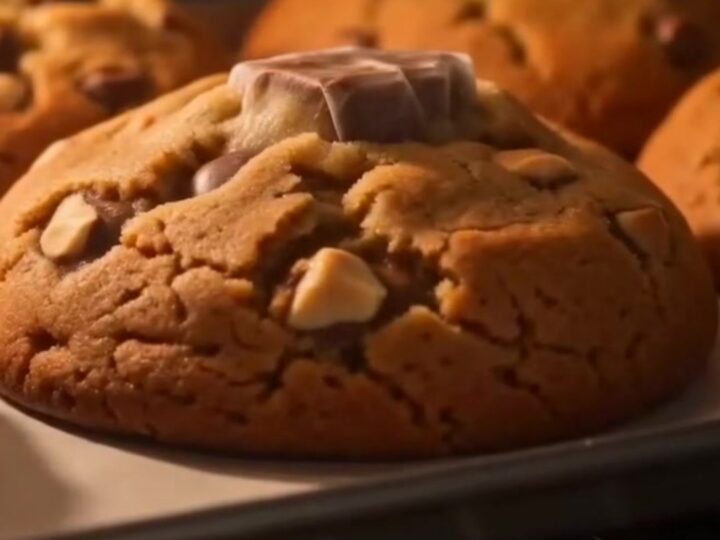 A colossal Kinder Bueno stuffed cookie broken in half, revealing a molten hazelnut cream center and crispy wafer layers.