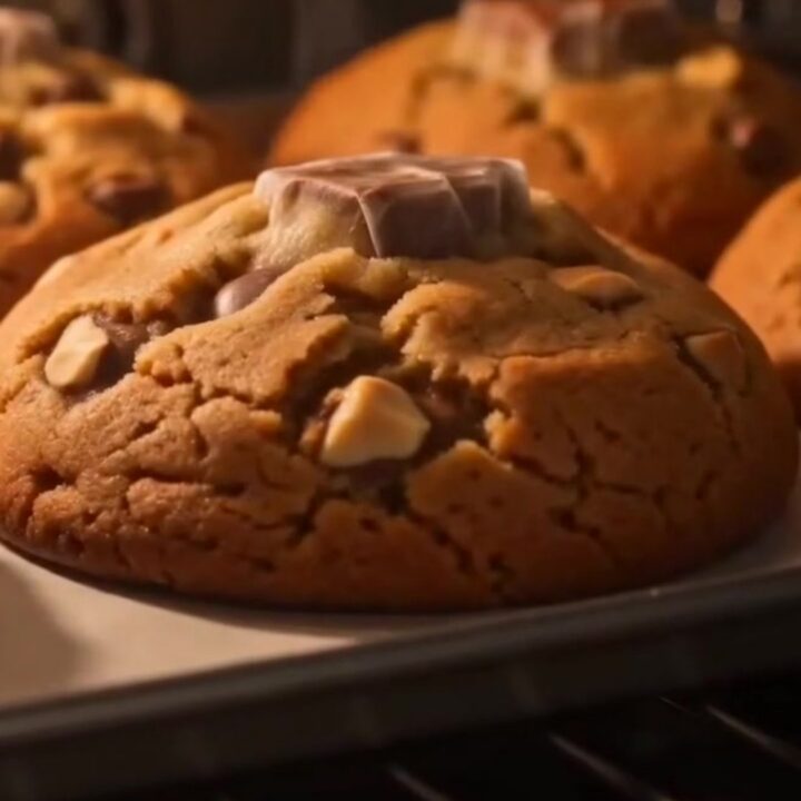 A colossal Kinder Bueno stuffed cookie broken in half, revealing a molten hazelnut cream center and crispy wafer layers.
