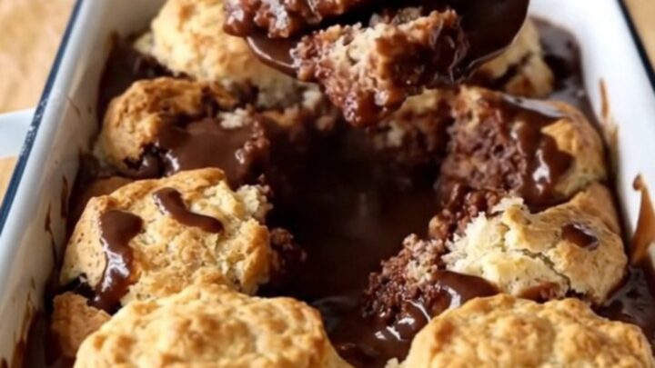 A warm Southern Chocolate Gravy Biscuit Bake in a white enameled baker on a wooden countertop.