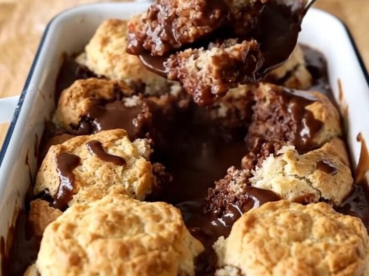 A warm Southern Chocolate Gravy Biscuit Bake in a white enameled baker on a wooden countertop.