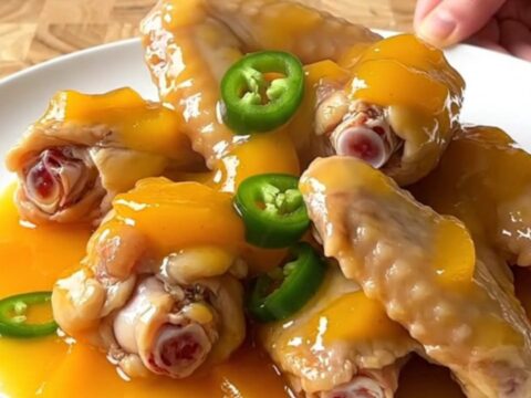 A close-up of slow cooker peach jalapeno chicken wings on a white plate with a glossy orange glaze.