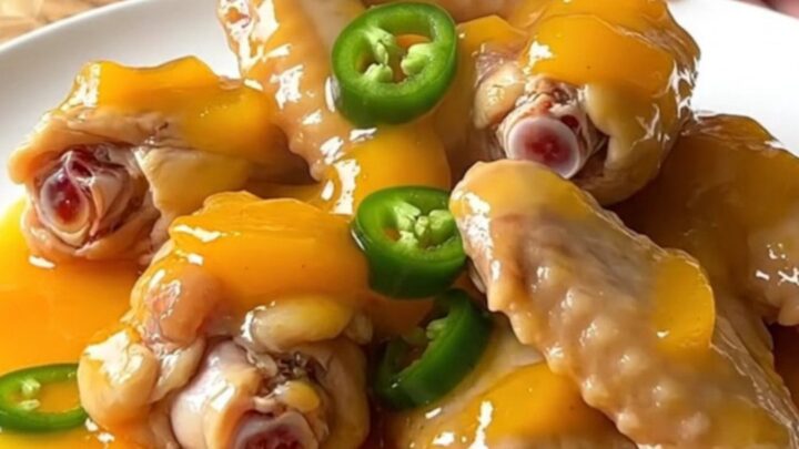 A close-up of slow cooker peach jalapeno chicken wings on a white plate with a glossy orange glaze.