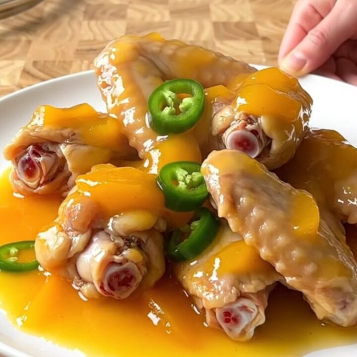 A close-up of slow cooker peach jalapeno chicken wings on a white plate with a glossy orange glaze.