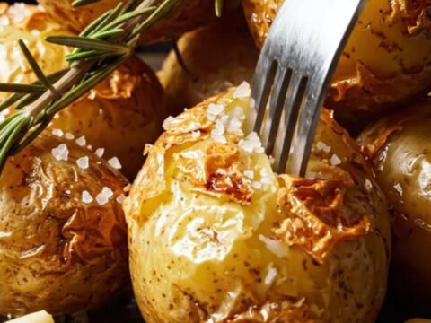 A close-up of golden, crispy British roast potatoes in a rustic roasting tin with rosemary.